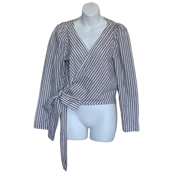 & Other Stories Stripe Puffed Sleeve Wrap Top Sz 2 - Picture 2 of 8